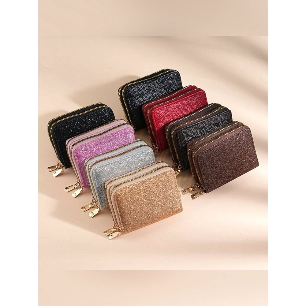 Silver Gold Glitter Wallet Double Zipper Accordion Card Holder Coin Purse NEW - Picture 3 of 13